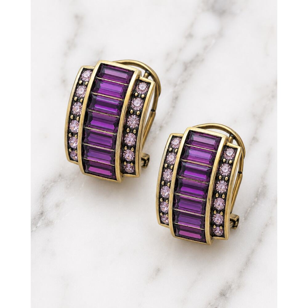 Heidi Daus Pink Purple Gold Tone Crystal Hoop Earrings 1in